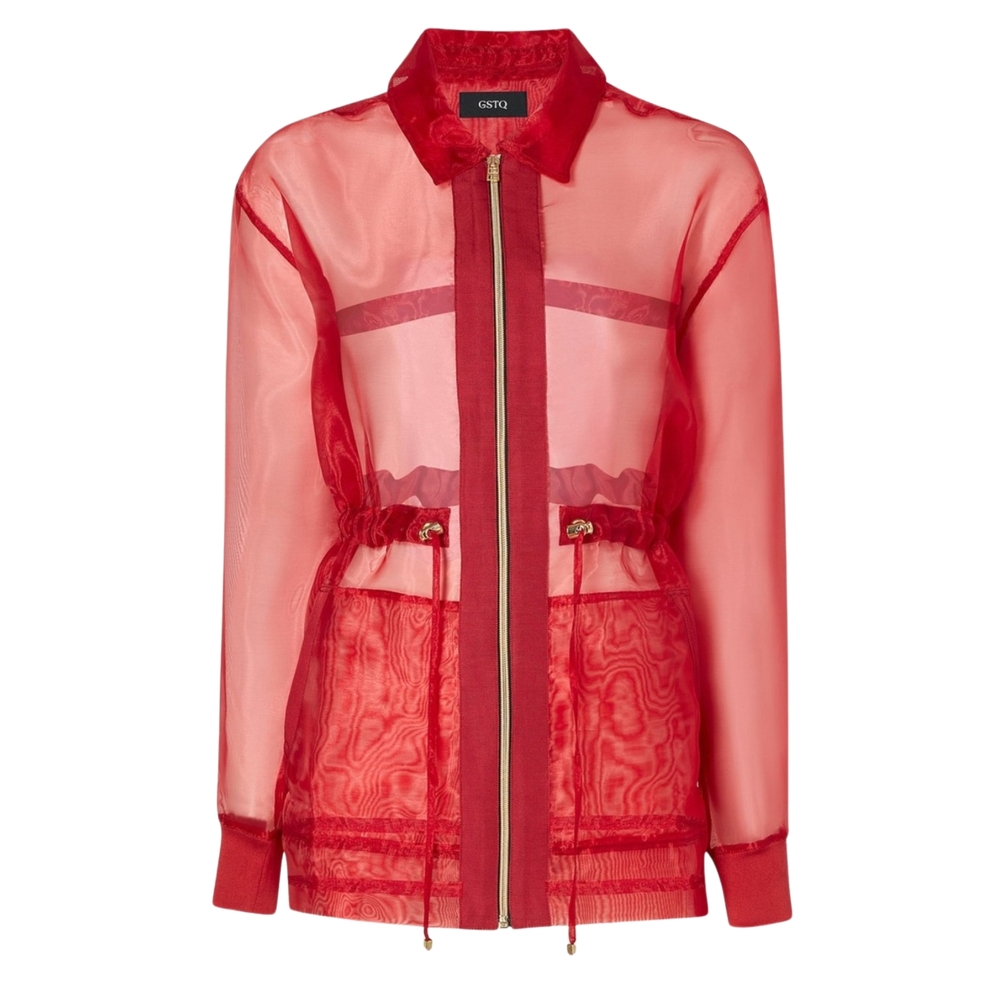 GSTQ Sheer Cinched Zip Jacket Valentine Red Gold Hardware Sz M Made in Portugal - Picture 2 of 9